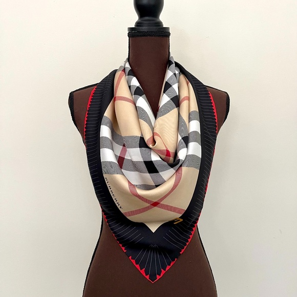 Display # 1 Burberry Scarf House Check Beige Black Border Silk Wrap